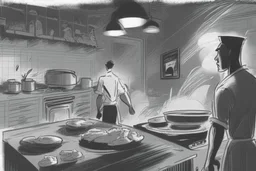 black and white storyboard, wide, on the Foreground there is a man and in the background, 3 chefs, scattered throughout the kitchen cooking, frying, cutting