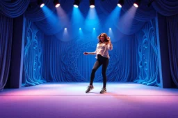 modern stage with gray-blue theme artistic decoration , color full dynamic lighting, a beautiful lady in pants and blouse with sport shoes dancing, 3D recursive fractal structure animating background