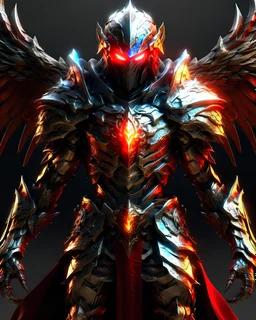 silver and gold armor with glowing red eyes, and a ghostly red flowing cape, crimson trim flows throughout the armor, the helmet is fully covering the face, black and red spikes erupt from the shoulder pads, crimson and gold angel like wings are erupting from the back, blue lighting arch erupting from the back as well, crimson hair coming out the helmet