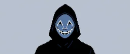 8 bit pixelart of a shadow figure with a white smooth wide smiling mask
