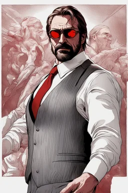 an muscular and menacing Hans Gruber wearing red-tinted glasses