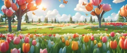Background: beautiful pastoral field on a bright sunny day landscape, clouds, tulips, spring flowers, 3d cartoon asset, low-poly stylized, clean Details: colorful flowers, far-off trees, bees and butterflies. Camera: frontal angle, 45°, 35 mm. Lighting: high noon sun, LED lights. 3d asset, cartoon style