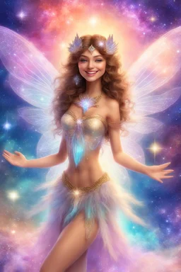 A beauty Fairy women with long Brown hairy. She has Crystal wings and sweety elegant smile.She Is a magic sacred dancer in cosmica ceremony..the background Is a magic coloured bright galaxy, with a stars. She Is so fine gentle and with grace