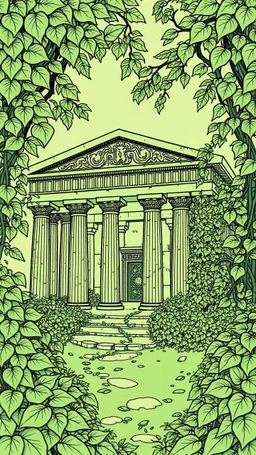very detailed all Green Ancient Greek temple surrounded by leaves and ivy, medieval, gothic style, fine line draw style