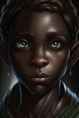 A young looking elf with light blue eyes and dark brown skin