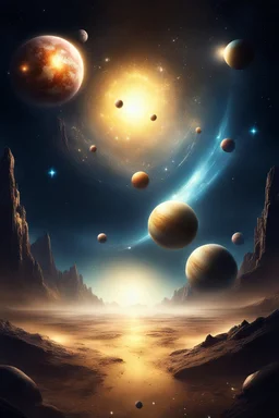 Beautiful Realm with planets, golden stars, being erased from existance