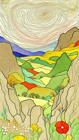 Many colors, peaceful, Egon Schiele, Max Ernst, night sky filled with galaxies and stars, rock formations, trees, flowers, one-line drawing, sharp focus, 8k, deep 3d field, intricate, ornate, one million strokes