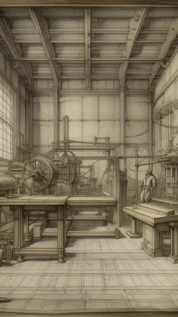 A light gray mechanical workshop painted by Leonardo da Vinci