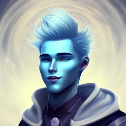 magnifique beau sexy homme souriant des cheveux bleus ,yeux bleus,avec vetement cosmique