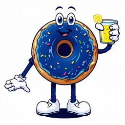 retro Cartoon mascot of a donut holding a glass of lemonade, gloved hands, white shoes,