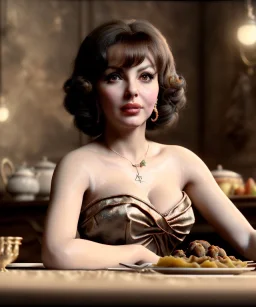 Ultra realistic photographic portrait, Gina Lollobrigida woman sitting with arms resting on Italian kitchen table, ravioli dish, renaissance style decoration, soft color, highly detailed, unreal engine 5, ray tracing, RTX, lumen lighting, ultra detail, volumetric lighting, high definition.