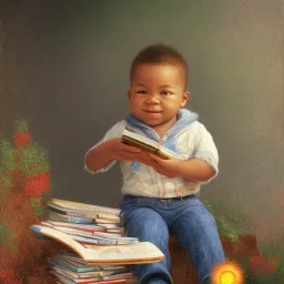 African American baby boy inventor with books by monet