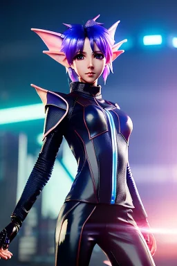 Futuristic anime elf, waist up portrait, physically fit, latex and leather attire, blue eyes, pastel hair, intricate eyeliner, vibrant eyeshadow, clear completion, soft lighting, 4k resolution, intricate details, insanely detailed, colorful cityscape background, masterpiece, expert, cinematic smooth, retroanime style, realistic details, no helmet