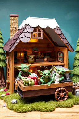 doll house with doll camping wagon and lotsa gremlins