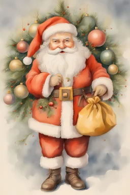 (artist Vladimir Ivanovich Zarubin: 1,3), perfect rendering, glowing skin, high detail, symmetry, New Year's card, Santa Claus with a bag of gifts and a decorated tree with New Year's balls, watercolor