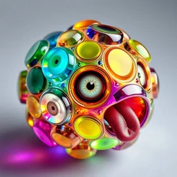 The incomprehensible amorphous object is somewhat similar to a crystal lattice with round spherical sides with eyes inside and a tongue outside. The sides have different colors, very bright and beautiful