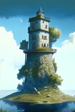 stone three-story tower with an observation room at the top, with a one-story room on one side, on a large grass-covered island, in a lake, surrounded by trees, with a blue sky