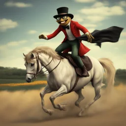 l /imagine photo-realistic Pepe riding a galloping stallion, holding an overflowing bag of bitcoins, being chased by a female hamburglar