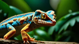 A captivating close-up of a Tokay Gecko, its vibrant, iridescent scales shimmering under the soft, warm light. The gecko's piercing, golden eyes are fixed on the viewer, exuding a sense of mystery and intrigue. The background is a lush, tropical rainforest, with the sound of distant raindrops and the chirping of exotic birds, creating an immersive, exotic atmosphere.