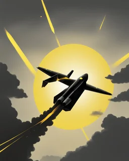 A black missile flying in the sky with a yellow dot