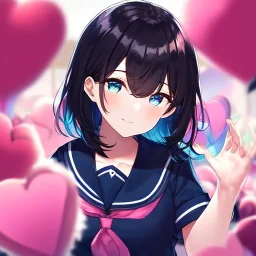 Clear focus,High resolution, Black short fluffy hair, and blue eyes, wearing a sailor uniform, pink hearts around her