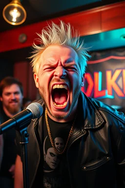 A very angry and bitter punk rocker screaming at microphone, very aggresive image in a club house, his name i FOLKE, and the name FOLKE in background