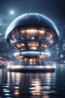 a misty catamaran dome modular house sub that looks like a dark twisted alien space ship with spotlights, in advanced hi tech dock, bokeh like f/0.8, tilt-shift lens 8k, high detail, smooth render, down-light, unreal engine, prize winning