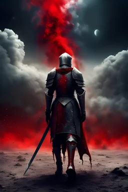 sad knight walking away turning into dust walking away into a bright grey world fading as the world crumbles under as space snaps under his feet with nothing but clouds overhanging him as the world collapses into space with a bloody serpent floating in the air raining red and galaxy like dust that falls to the ground yet never hits the knight with stars in the sky burring like a non Euclidian galaxy with a moon overhead glowing like a sun as god lays down his hand for the people who once died