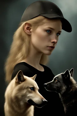 ultra realistic photograph of a very thin young woman with short blonde hair and blue eyes wearing a loose black teeshirt facing a large black wolf