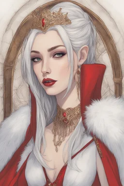 Beautiful white haired Vampire queen on her throne, drawing. Wearing a red cloak with a fur collar. Portrait, waist up