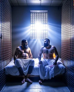 full figure shot photography of two arab prisoners in cell sitting on the edge of a bed talking, muscular hairy chubby 45 years old,long beard, low lights, misery and poverty, in undershirt and boxers, little light enters from a skylight above, lights from above, photorealistic, ambient occlusion, front view from below