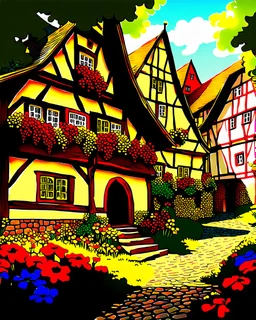 german medieval village with flowers rpg art painterly