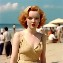 A girl who looks like lily cole and marilyn monroe, on the beach