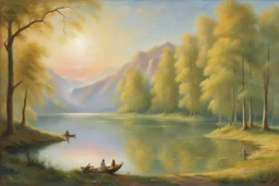 sunny day, lake, trees, sci-fi, mountains, galactic and trascendent, cosmic influence, friedrich eckenfelder and hans am ende impressionism paintings