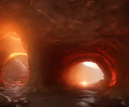 Tunnel to Hell:: greece:: heavy archway::Lava, ornate, beautiful, lush, vines, goddess statues, Intricate Tree branches, Lava fountain, low angle, red shift, Photorealistic --ar 1:2 --q 2