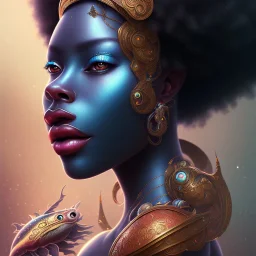 sango fantasy, fantasy magic, intricate, sharp focus, illustration, highly detailed, digital painting, concept art, matte, masterpiece head sexy view black African beauty black afro hair space lady turquoise carp skin African space landslide