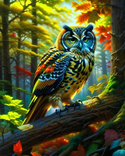 Owl in the woods incredibly detailed oil painting retro 8k art