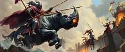 knights and lances tournament, horses hit hard, oil and airbrush, epic fantasy illustration, black giant on vampire rhino with steel gauntlets, scared knights jumping into water, people climbing falling ladders on the castle walls, arbalests with fire and catapults