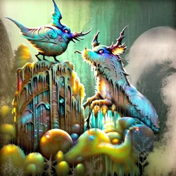 Grunge textured abstract impasto mixed media painting with dripping paint, fantastical otherworldly frozen winterscape with iridescent metallic colors, silver lines, by Andy Kehoe, Klimt, Joan Miro,Ton Dubbeldam, John Hoyland, Amanda Clarke. Reflective frozen pond, surrounded by whimsical, filigree, impressive frosted leaves standing tall on long stems; tendrils, grasses, cattails. Dramatic sky with stormy clouds. with mercury glass patina, glowing golden sparks, vibrant iridescent colours, psyc