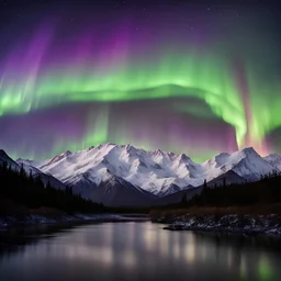 Denali mountain silhouette with bright aurora borealis in backround, with river