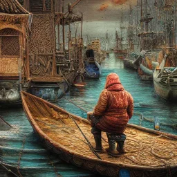 Insanely detailed photograph of an “arctexture plans fisherman on a dock” with intricate detailed of fishing knots, intricate embroidered clothing, hyperdetailed painting by Ismail Inceoglu Huang Guangjian and Dan Witz CGSociety ZBrush Central fantasy art album cover art,8K, hdr, romantic, mysterious, ominous, flowers, jewelry, steam,oil,cafe,street vendor,steamship,D&D