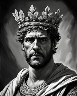 Brutus ,in ancient Rome , wearing a crown of laurels, Chiaroscuro, hyper realism, realistic, highly detailed, high contrast black and white, sharp