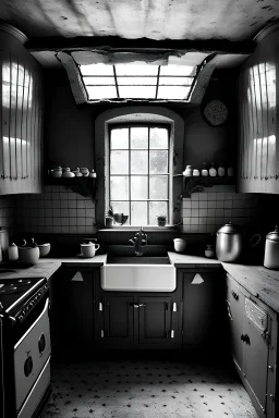 an old-fashioned kitchen in a abandoned farmhouse, 1890, black and white photograph, wide angle, high contrast, heavily underexposed, extremely sharp, rich in details, close to nature