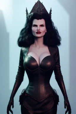 Geena Davis as evil queen in black leather, leather, busty, cleavage, angry, rage, stern look. character design by cory loftis, fenghua zhong, ryohei hase, ismail inceoglu and ruan jia. unreal engine 5, artistic lighting, highly detailed, photorealistic, fantasy