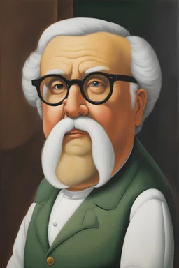 Pintura del pintor Fernando Botero, con gafas redondas y barba blanca pequeña, bigote pequeño, cuerpo completo, arte de tinta, calidad ultra, 8k, cuerpo completo