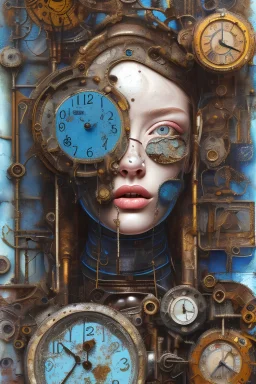 an abstract painting of rusted clocks, by lucian freud, rust, scaffolding, iron cladding, decay, mixed media, textured, anatomically correct, beautiful woman perfect face, blue eyes, sharp focus, highly detailed