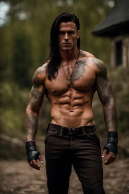 Handsome muscular male, 30 years old, Dark brown eyes, Long chocolate brown hair, bare chest covered in tattoos and scars. wearing black combat trousers and heavy boots, hyperrealistic, 4k, dark fantasy, large house in the background