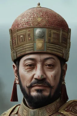 Ottoman Empire sultan head portrait, warrior armor , village, meditation, woods, galaxy sky, 8k quality , portrait,beautiful robotic ,ghost in the shell , post-apocalyptic in a cyberpunk city, realistic, intriacte detail, sci-fi fantasy style, volumetric lighting,24mm , particales,highly detailed,cinematic, deep purple , green eyes .