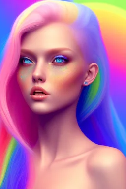 girl nude, cute, beautiful, long blond hair,blue eyes rainbow hair, rainbow dress, close up portrait smiling