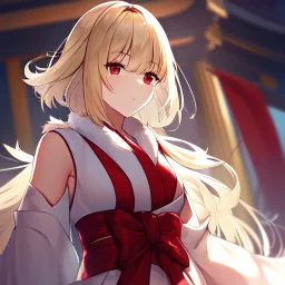 Clear Focus, High resolution, girl wearing a miko outfit, wearing a short white skirt, sleeveless, medium hair length, fluffy tight hair, blonde hair, red eyes, wearing red bow behind hair